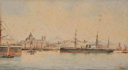 Emile HENRY (? 1842 - ? 1920) Le port de Marseille Aquarelle 23 x 41 cm Signé en...