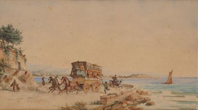 Emile HENRY (? 1842 - ? 1920) Le départ de la diligence Aquarelle 22,5 x 41 cm