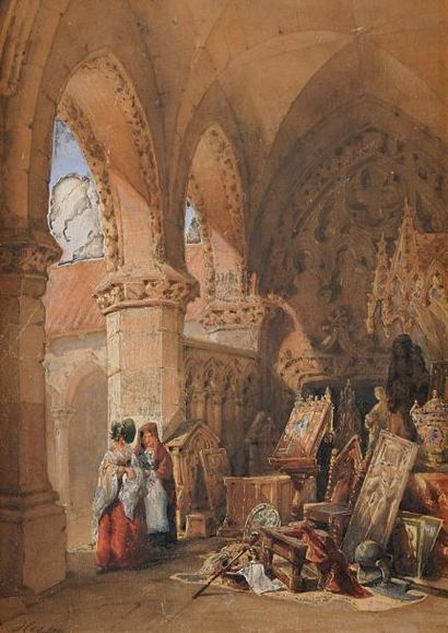 Emile Antoine HERSON (Paris 1805 - ? 1872) Jeunes femmes visitant un trésor médiéval...