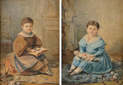 Ch. THELON (Actif au XIXème siècle) Petite fille à la poupée Petite fille au livre...