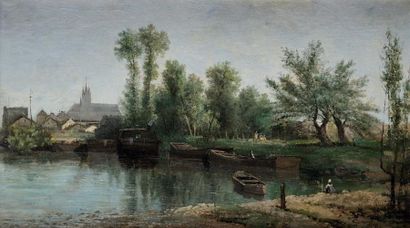 Hippolyte GIRARD (Paris 1847 - Garches 1891) Barques devant Moret-sur-Loing Toile...