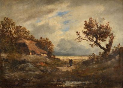 Léon RICHET (Solesmes 1847 - Fontainebleau 1907) Paysanne près d'une chaumière Panneau...