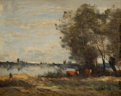 Jean-Baptiste Camille COROT (Paris 1796 - 1875) Bord de rivière, effet du matin Sur...