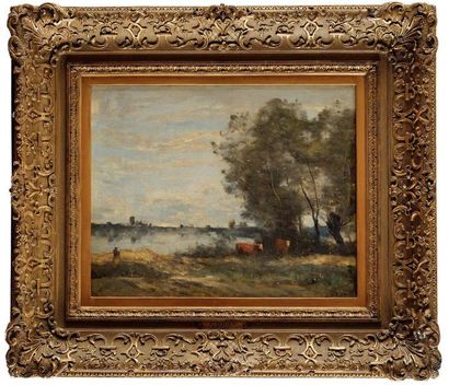 Jean-Baptiste Camille COROT (Paris 1796 - 1875) Bord de rivière, effet du matin Sur...