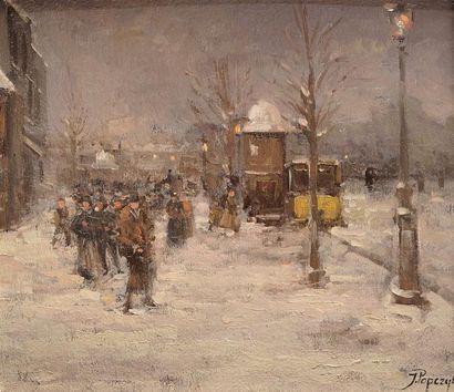 Josef POPCZYK ( ?1890 - ?1971) Paris sous la neige Isorel 21,5 x 32 cm Signé en bas...