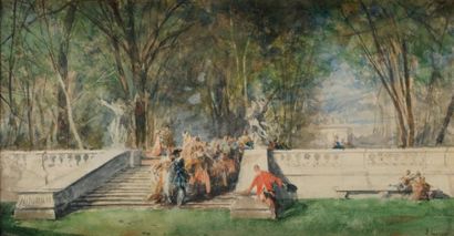 Ferdinand HEILBUTH (1826-1889) Fête dans les jardins du château A quarelle et crayon...