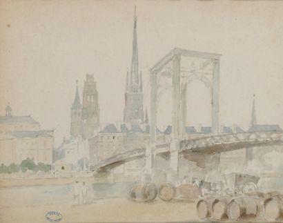 Amédée ROSIER (1831-1898) Vue du port de Rouen A quarelle Porte le cachet, en bas...