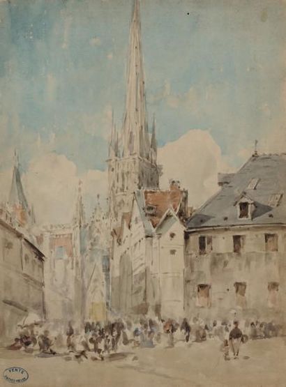 Amédée ROSIER (1831-1898) Vue de la cathédrale de Rouen A quarelle Porte le cachet,...
