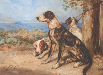 Gabriel Alexandre DECAMPS (1803-1860) Chiens de chasse au repos E ncre, lavis brun...