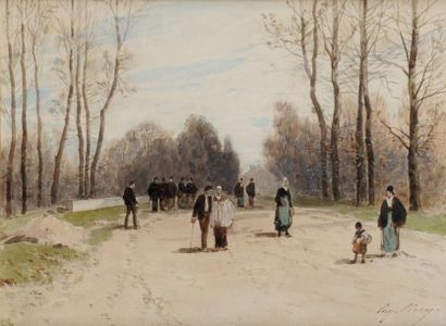 Eugène CICERI (Paris 1813 -? 1890) Promenade au parc Gouache 20 x 28 cm Signé en...