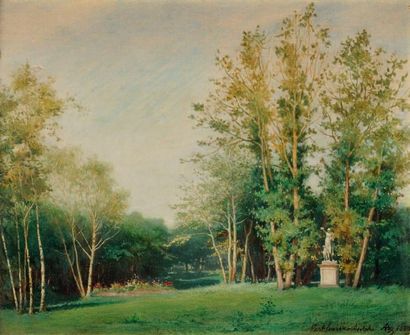 Adolphe AZE (Paris 1823 -? 1884) Entrée du Parc avec Diane chasseresse Toile 37 x...