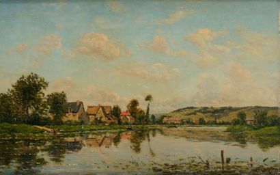 Hippolyte Camille DELPY (1842-1910) Village en bord d'étang Huile sur panneau Signé...