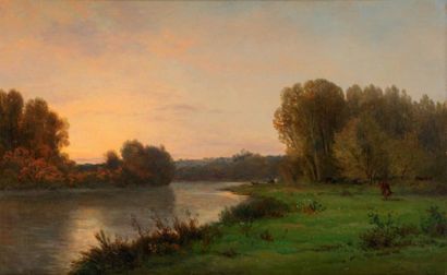 Jules Charles ROZIER (? 1821 -? 1882) Bord de rivière au crépuscule Panneau 37 x...
