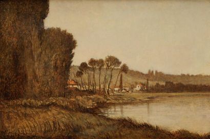 Emile LAMBINET (Versailles 1813 - Bougival 1877) Bord de rivière Toile 33,5 x 46,5...