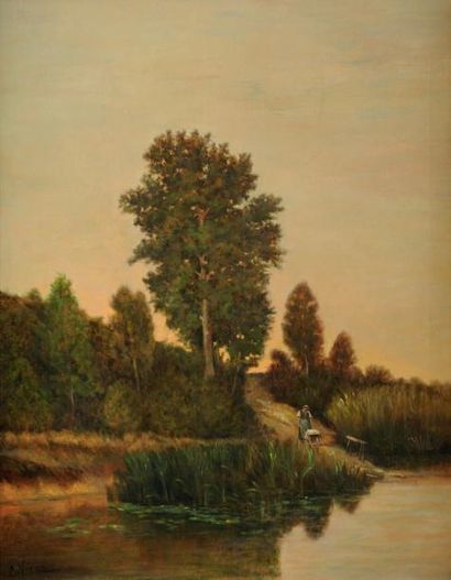 Alexandre René VERON (1826-1897) Lavandière à Auvers sur Oise Huile sur toile Signé...