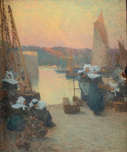 Ferdinand LE GOUT-GERARD (1856-1924) Bretonnes sur le port de Concarneau Pastel et...