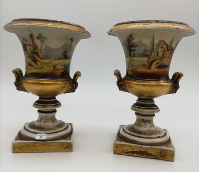 null Pair of MEDICIS VASES on pedestals in Paris porcelain with mountainous landscapes.

H...