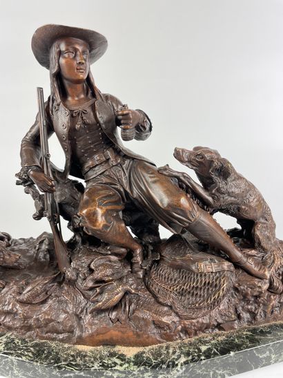 null After Jules MOIGNIEZ (1835-1894) Hunter and his dogs at rest Brown patina bronze...
