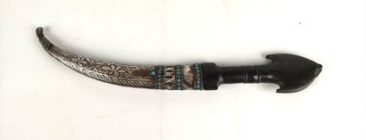 null KADJAR KNIFE in silver chased and embossed with turquoise, the handle in ebony...