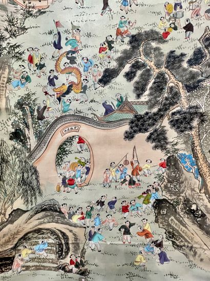 null CHINE Rouleau peint sur soie à décor de jeux d'enfants dans un paysage près...