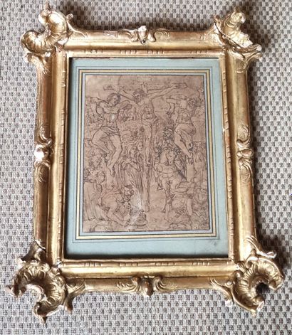 null ECOLE ALLEMANDE DU XVIIème siècle La Crucifixion. Plume 14,5 x 11,5 cm à vu...