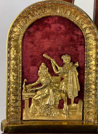 null Pair of gilt bronze plates with repoussé decoration of gallant scenes in the...
