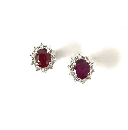null PAIR OF EARRINGS holding an oval ruby weighing approximately 1.15 carats (each)...