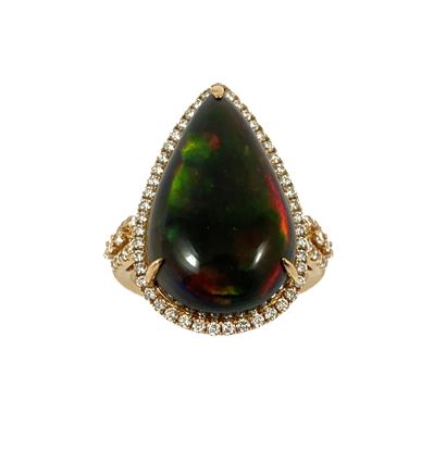 null RING adorned with a black pear-shaped opal weighing approximately 11 carats...