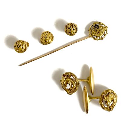 null SET including a pin, a pair of cufflinks and three collar buttons decorated...