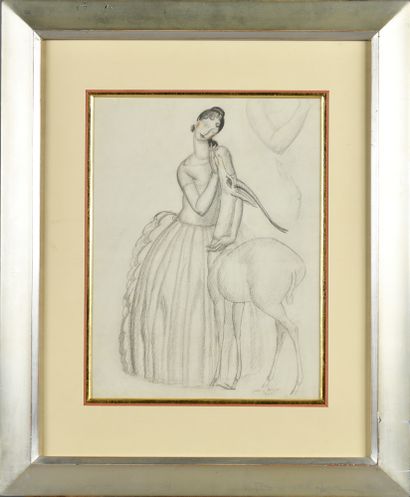 null JEAN DUPAS (1882-1964) Elegant with Antelope Black pencil drawing with watercolor...