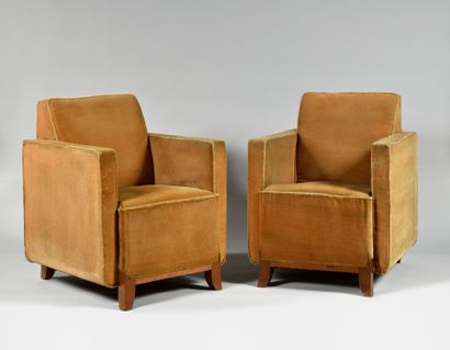 ART DECO WORK Pair of cubic Club chairs entirely...