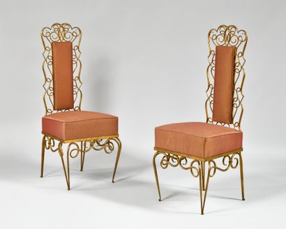 null RENE DROUET (1899-1993), Attributed to Pair of chairs in gilded wrought iron...