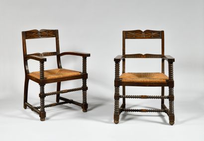 NEO-BASQUE STYLE Pair of armchairs in carved...
