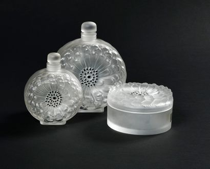 null LALIQUE France " Dalhia " Set of two anemone bottles and a circular box in frosted...