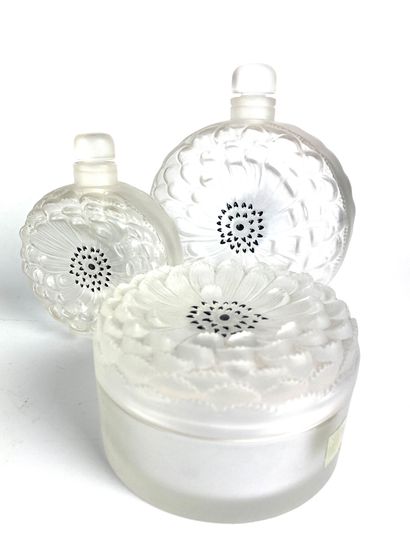 null LALIQUE France " Dalhia " Set of two anemone bottles and a circular box in frosted...