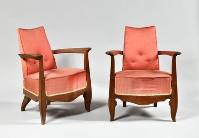 WORK OF THE 1950's Pair of armchairs in patinated...