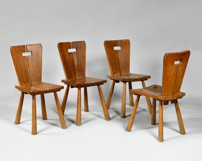 null BRUTALIST WORK OF THE 1960S Suite of eight beechwood chairs with curved backs,...