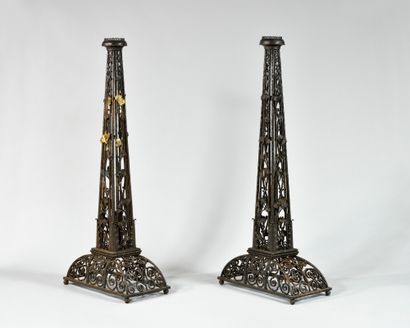  EDGAR BRANDT (1880-1960), Attributed to Pair of hammered wrought iron bases or candelabras...
