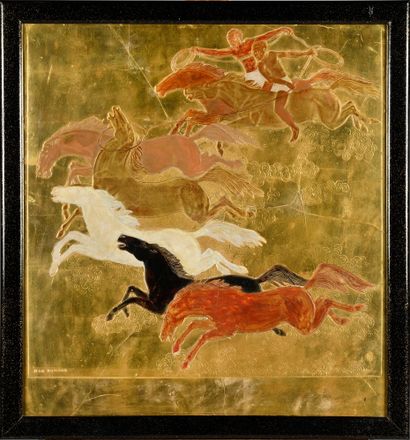 null JEAN DUNAND (1877-1942) « La Conquête du cheval » Panneau en stuc doré et laqué...