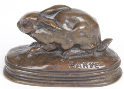 null AFTER BARYE: Rabbit lying down, bronze proof with brown shaded patina, on oval...