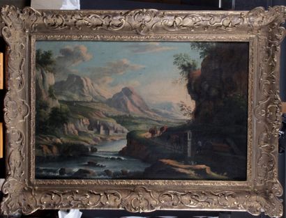null ÉCOLE ITALIENNE, vers 1700, Paysage de montagne animé avec rivière, Huile sur...