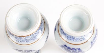 null CHINA, 20th CENTURY Two small blue-white porcelain pendant vases with long necks...