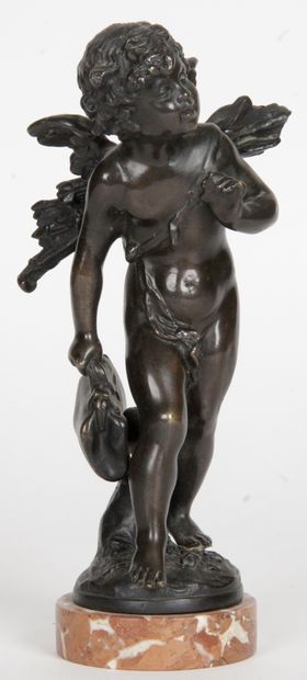 null After MOREAU, winged putto, bronze print with brown patina on a marble base...