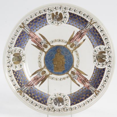 null POLYCHROME GLASS AND EMAIL PLAT, featuring the four evangelists and Christ in...