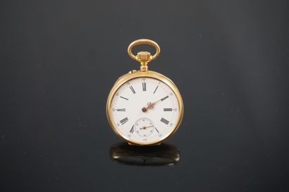  POCKET WATCH "RC" About 1900. Pink gold case 750/1000. White enamel dial, black...