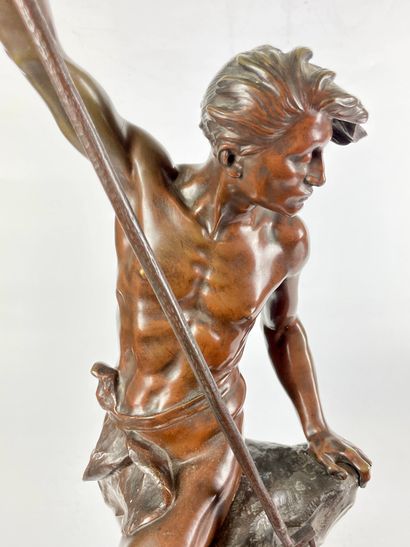 null Ernest-Justin FERRAND (1846-1932) Le pêcheur au harpon Bronze à patine double...