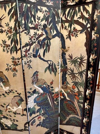 null CHINA Six-panel double-sided Coromandel lacquer screen decorated with birds...