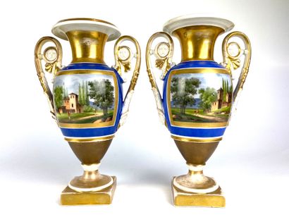 null PARIS Pair of polychrome porcelain vases with enamelled decoration of a country...