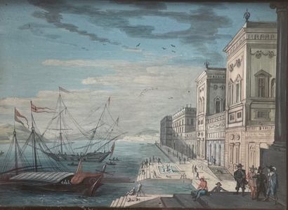 null Johann Wilhelm BAUR (1607-1642) View of a fantastic port Gouache on paper signed...