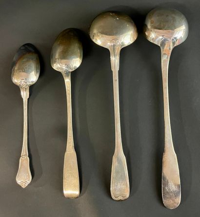  Set of silver serving spoons including: -two ladles - a ragout spoon - a serving...